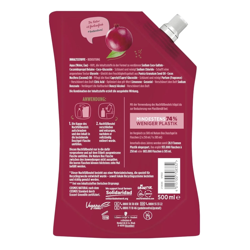 Rezerva Gel Dus Nature Box cu Ulei de Rodie 500ml