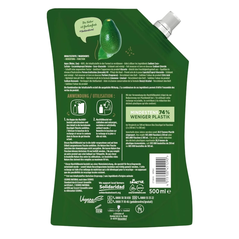 Rezerva Gel de dus Nature Box cu Avocado 500ml