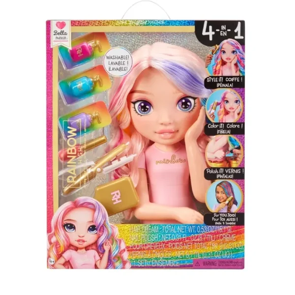 Set Cap de Stilizare Papusa Rainbow High Bella Parker 4 in 1 Roz